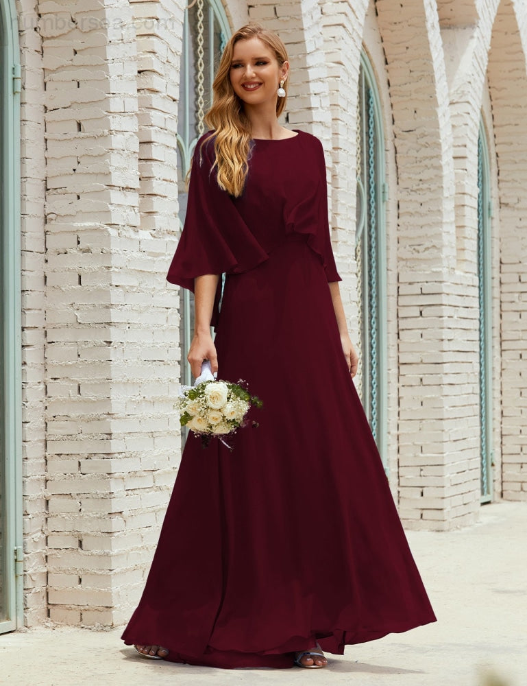 Numbersea Bridesmaid Dress Women Long Sleeve V-Neck Chiffon Formal Wedding Party 28018