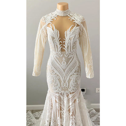 Unique High Neckline Sequins Appliques Long Sleeves America Mermaid Prom Dress