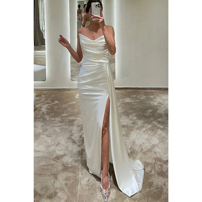 Chic & Modern Strapless Simple Pleats Slit Long Formal Evening Dresses