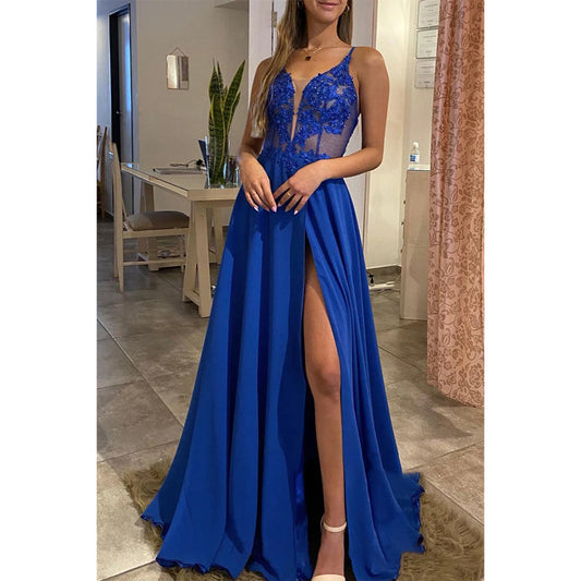 Plunging V-neck Appliques Long Prom Formal Dress with Slit