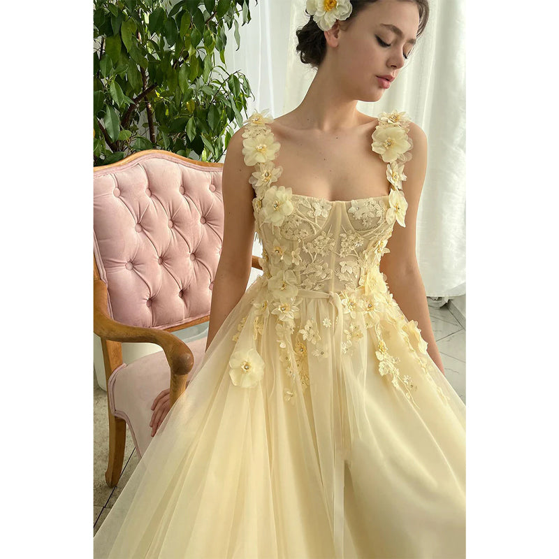 Double Straps 3d Appliques Yellow Prom Dress Long