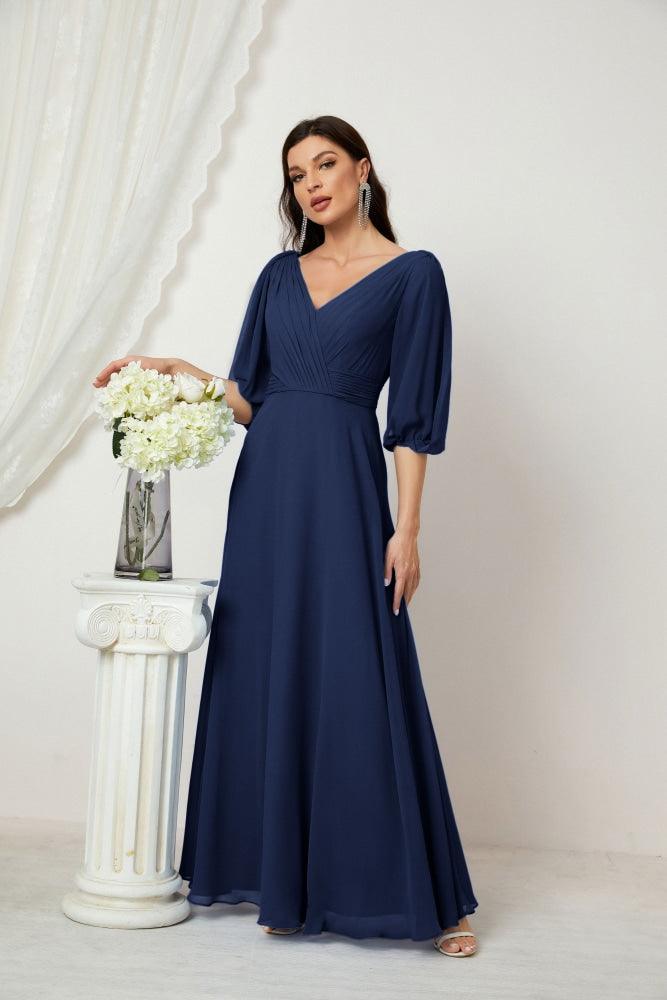 Numbersea Formal Prom Gown Women V-Neck Chiffon Bridesmaid Dresses Long Bishop Sleeve Party Dress 2807-numbersea