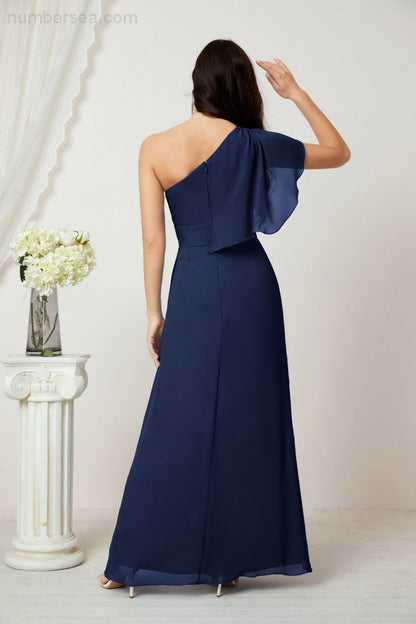 Numbersea Chiffon Ruffled One Shoulder Long Bridesmaid Dresses A-line Formal Evening Gown Side Split 2809-numbersea