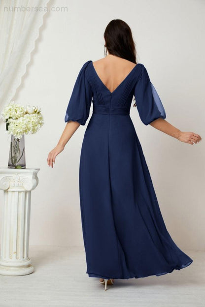 Numbersea Formal Prom Gown Women V-Neck Chiffon Bridesmaid Dresses Long Bishop Sleeve Party Dress 2807-numbersea