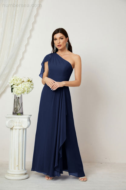 Numbersea Chiffon Ruffled One Shoulder Long Bridesmaid Dresses A-line Formal Evening Gown Side Split 2809-numbersea