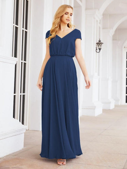 Numbersea V-Neck Bridesmaid Dresses Long Cap Sleeves Prom Evening Formal Gowns 28071-numbersea