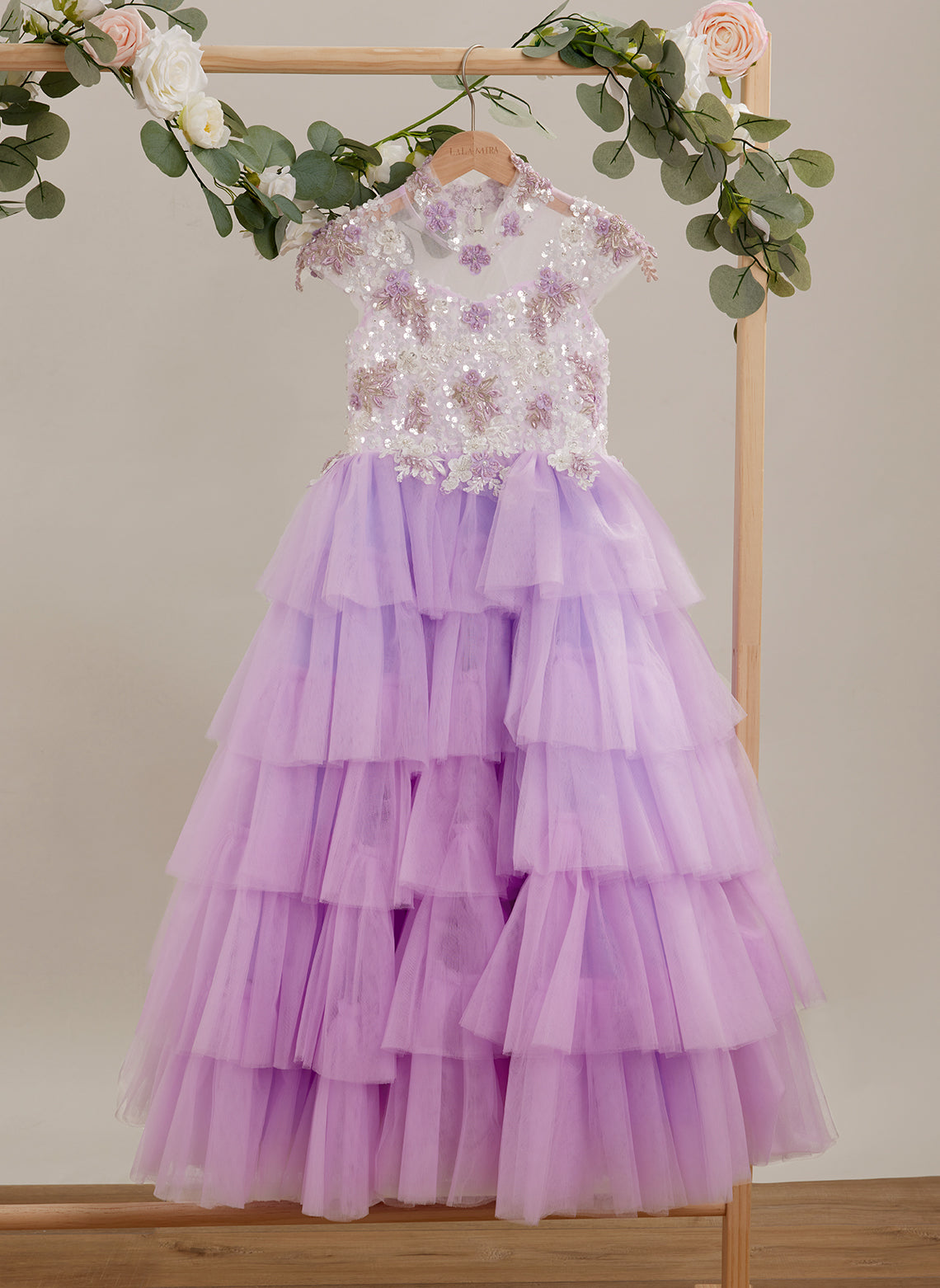 Lilac Tulle Princess Ball Gown with Floral Appliques and Beading for Girls