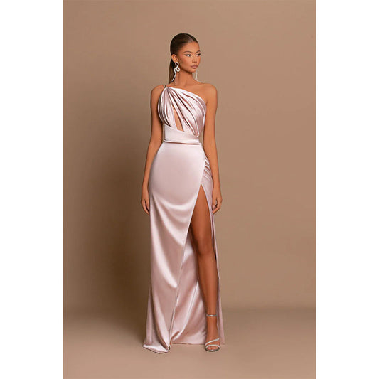 Unique One Shoulder Pleats High Split Long Prom Dress