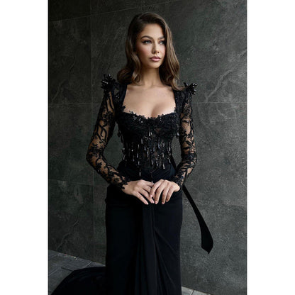 Square Neck Long Sleeves Lace Beaded Mermaid Long Evening Dress With Slit