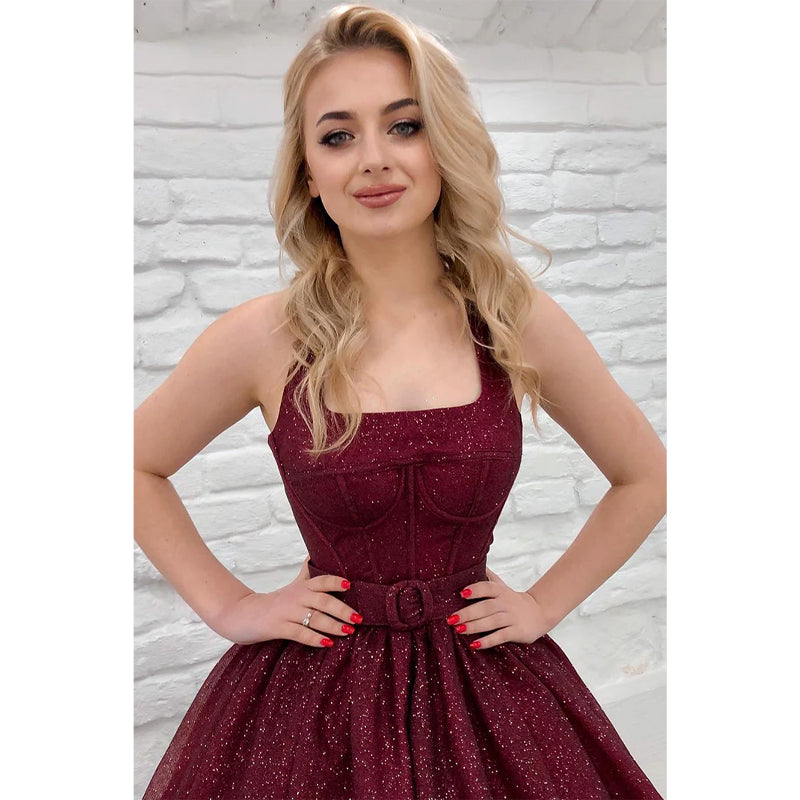 Unique Halter Burgunyd Long Prom Dress Glitter