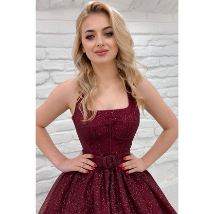 Unique Halter Burgunyd Long Prom Dress Glitter