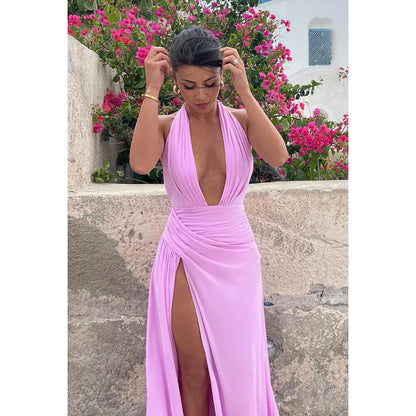 Sexy & Hot Long A-Line Halter V-Neck Sleeveless Side Slit Party Prom Dress