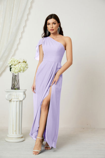 Numbersea Chiffon Ruffled One Shoulder Long Bridesmaid Dresses A-line Formal Evening Gown Side Split 2809-numbersea