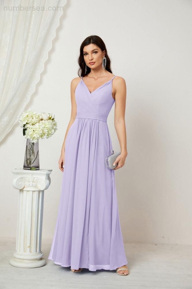 Numbersea Chiffon V-Neck Bridesmaid Dress Spaghetti Strap Long Formal Party Prom Gowns with Slit 28010-numbersea