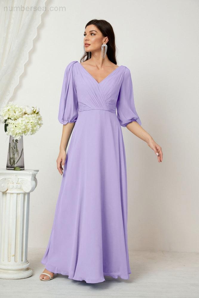 Numbersea Formal Prom Gown Women V-Neck Chiffon Bridesmaid Dresses Long Bishop Sleeve Party Dress 2807-numbersea