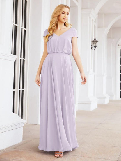 Numbersea V-Neck Bridesmaid Dresses Long Cap Sleeves Prom Evening Formal Gowns 28071-numbersea