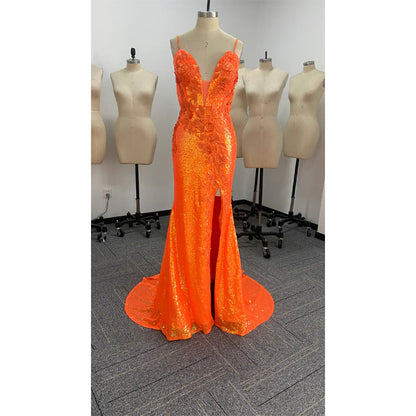 Spaghetti Straps Orange Sequins Appliques Long Prom Dress with Slit