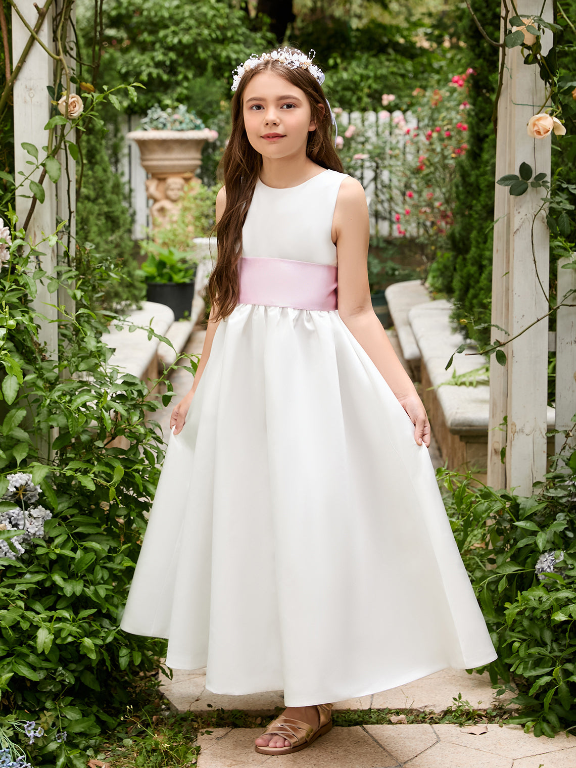 Ivory Satin Flower Girl Ball Gown with Sash Bow | Ankle-Length Tulle Dress (010007314)