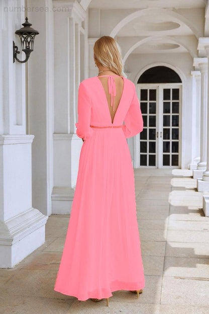 Ladies V Neck Chiffon Long Sleeve Front Slit Bridesmaid Evening Dress Wedding Party Shopping Evening Dress 28109-numbersea