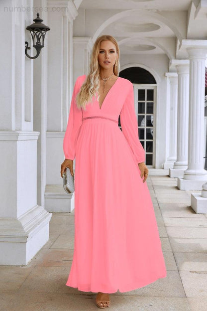 Ladies V Neck Chiffon Long Sleeve Front Slit Bridesmaid Evening Dress Wedding Party Shopping Evening Dress 28109-numbersea