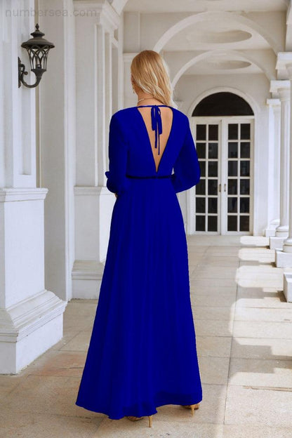 Ladies V Neck Chiffon Long Sleeve Front Slit Bridesmaid Evening Dress Wedding Party Shopping Evening Dress 28109-numbersea