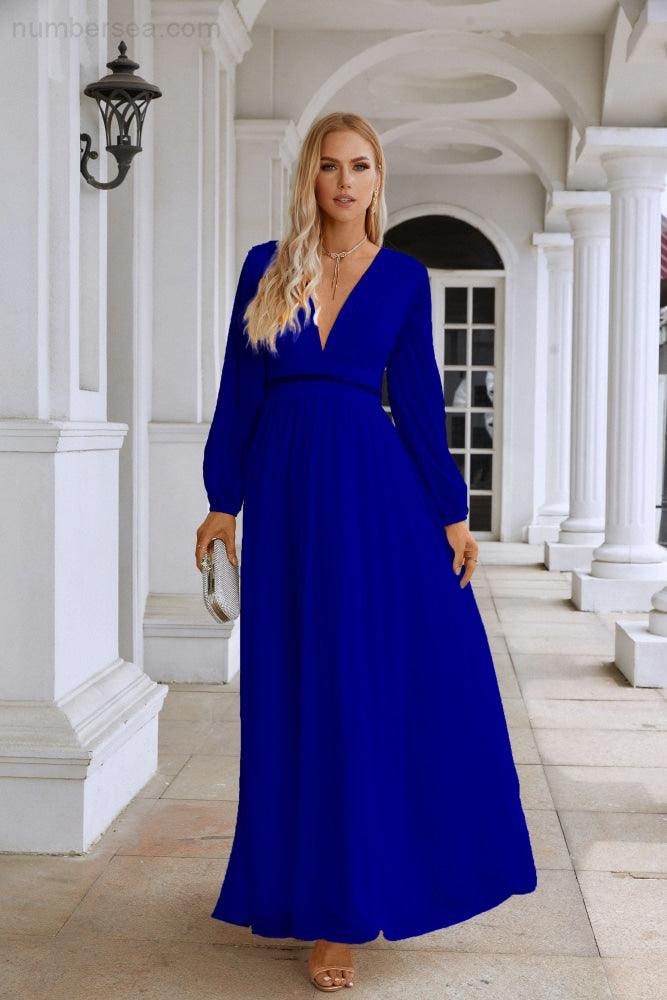 Ladies V Neck Chiffon Long Sleeve Front Slit Bridesmaid Evening Dress Wedding Party Shopping Evening Dress 28109-numbersea