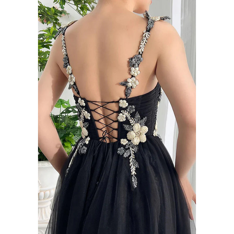 Elegant & Luxurious Straps Square A-line Tulle Formal Prom Dress With Applique