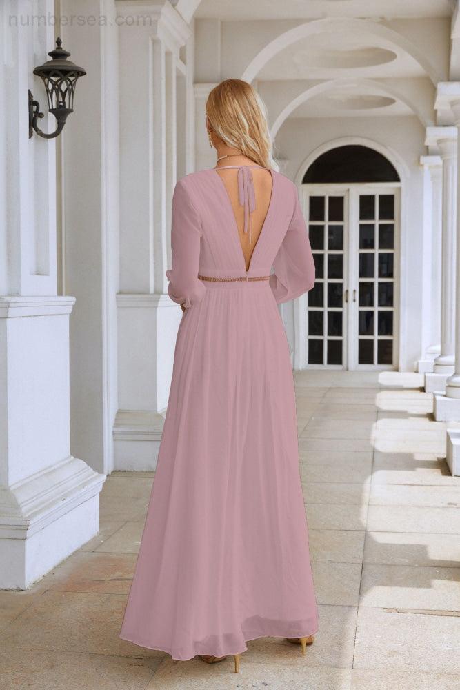 Ladies V Neck Chiffon Long Sleeve Front Slit Bridesmaid Evening Dress Wedding Party Shopping Evening Dress 28109-numbersea