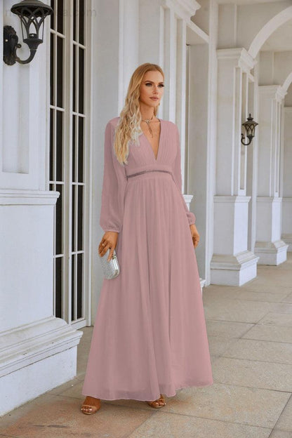 Ladies V Neck Chiffon Long Sleeve Front Slit Bridesmaid Evening Dress Wedding Party Shopping Evening Dress 28109-numbersea