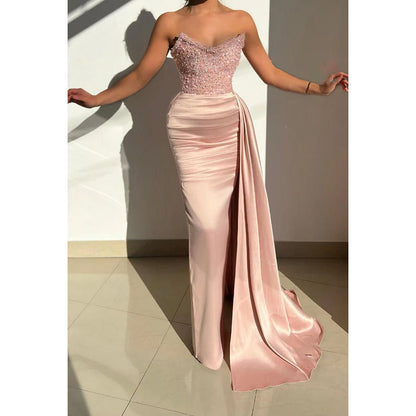 V-Neck Strapless Sequined Beaded Ruched Sheath Long Prom Gown