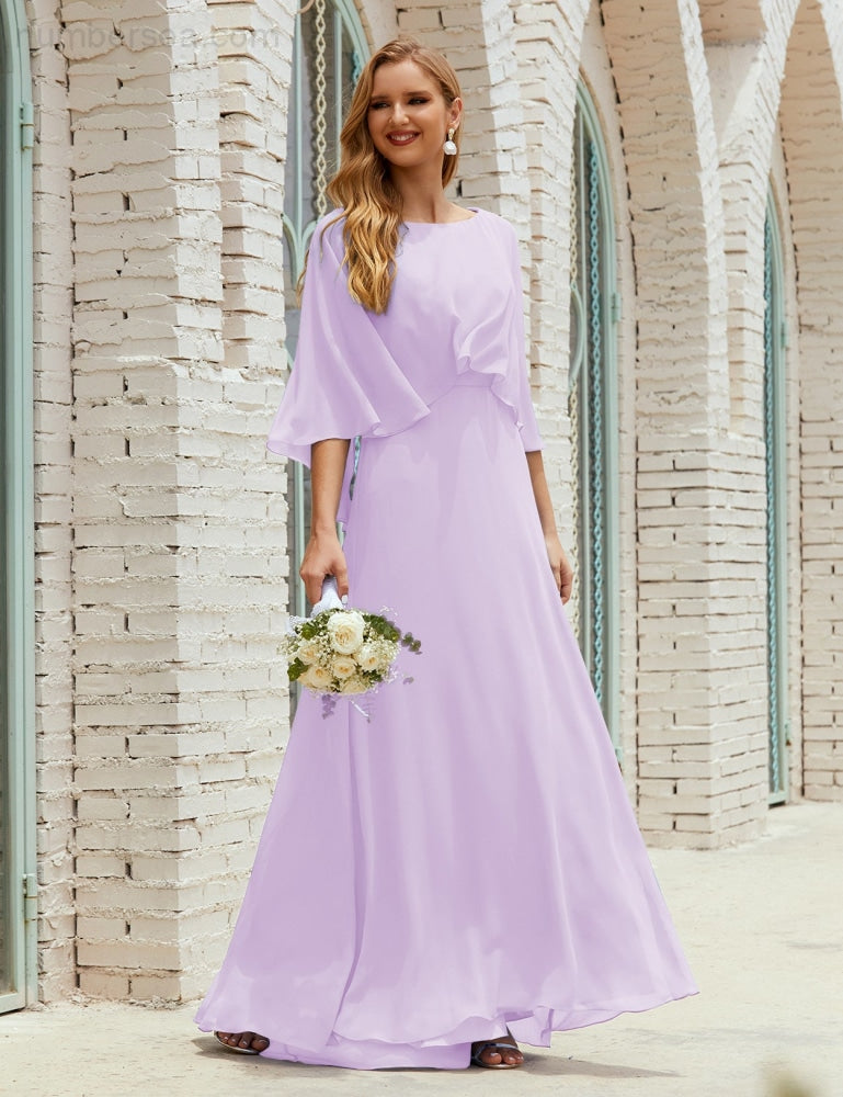 Numbersea Bridesmaid Dress Women Long Sleeve V-Neck Chiffon Formal Wedding Party 28018