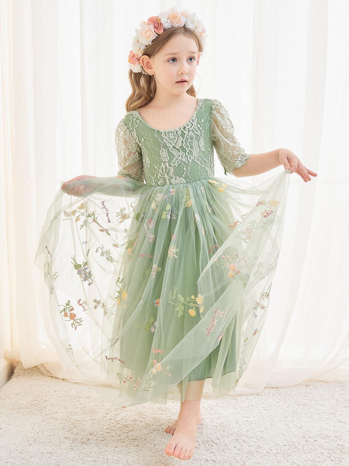 Sage Scoop Neck Cloth Surface and Tulle Flower Girl Dress (2003227581)