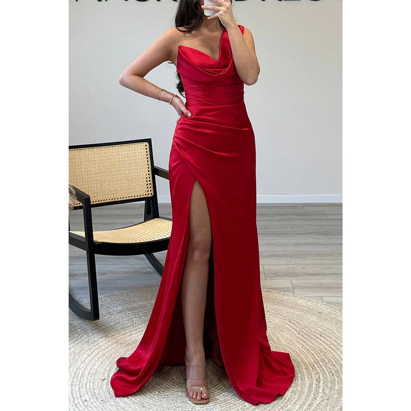 Sheath/column One Shoulder Pleast Red Long Prom Dress Evening Gown