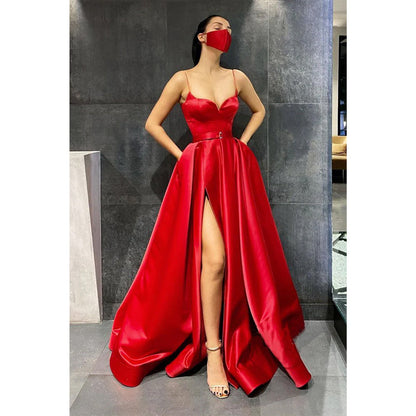 Spaghetti Straps Red Satin Gown Prom Dress with Pockets