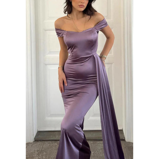 Simple & Casual Off-Shoulder Sleeveless Sheath Holiday Party Prom Dress