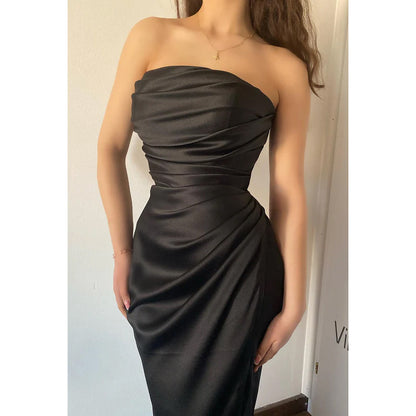 Strapless Sleeveless Ruched Satin Sheath Long Evening Prom Dress With Slit