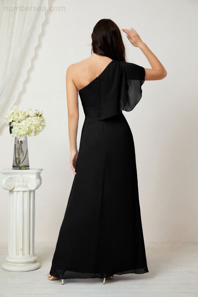 Numbersea Chiffon Ruffled One Shoulder Long Bridesmaid Dresses A-line Formal Evening Gown Side Split 2809-numbersea