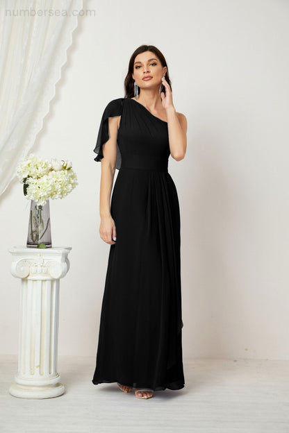 Numbersea Chiffon Ruffled One Shoulder Long Bridesmaid Dresses A-line Formal Evening Gown Side Split 2809-numbersea