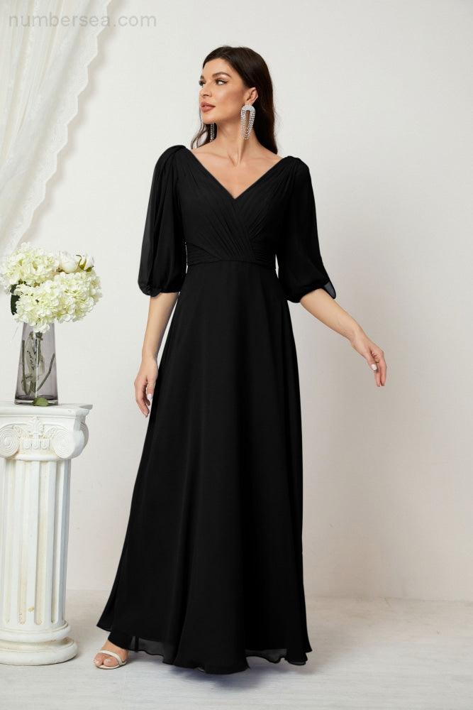 Numbersea Formal Prom Gown Women V-Neck Chiffon Bridesmaid Dresses Long Bishop Sleeve Party Dress 2807-numbersea