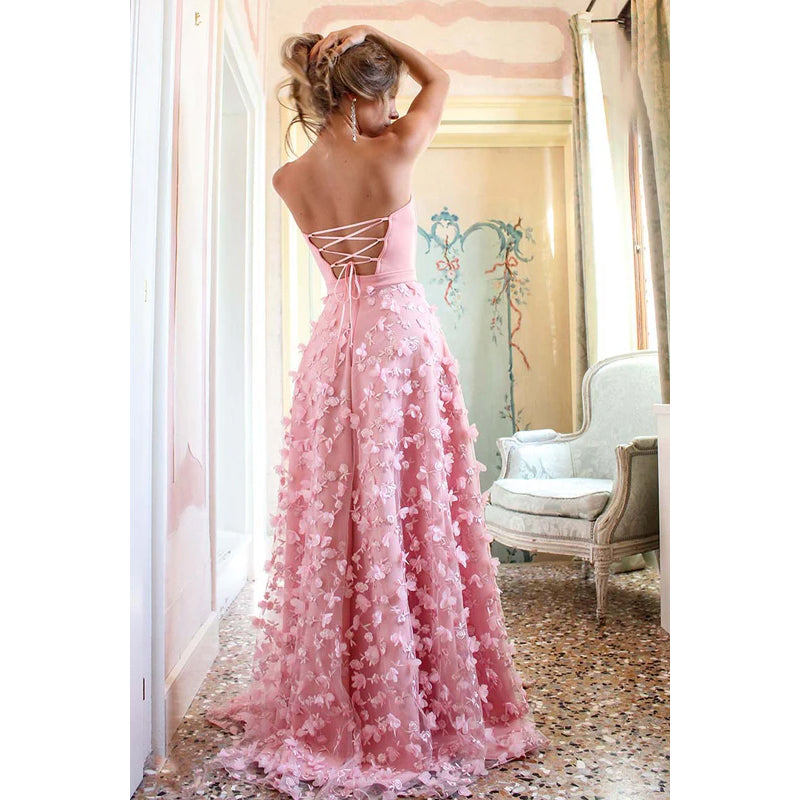 Strapless Lace-Up Appliqued Tulle A-Line Long Prom Gown With Slit