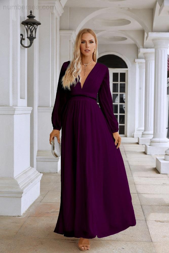 Ladies V Neck Chiffon Long Sleeve Front Slit Bridesmaid Evening Dress Wedding Party Shopping Evening Dress 28109-numbersea