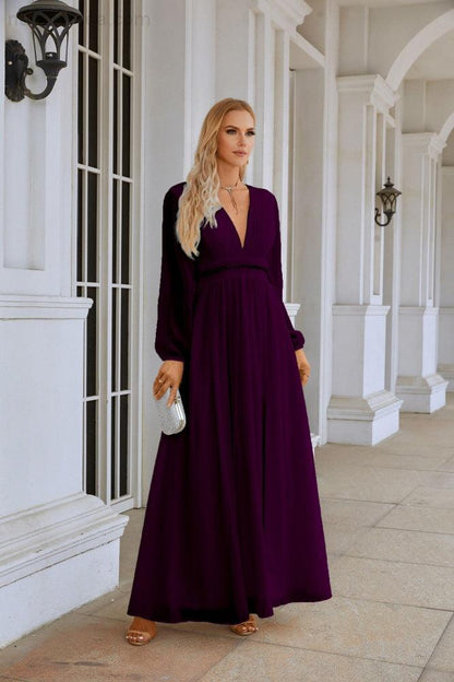 Ladies V Neck Chiffon Long Sleeve Front Slit Bridesmaid Evening Dress Wedding Party Shopping Evening Dress 28109-numbersea