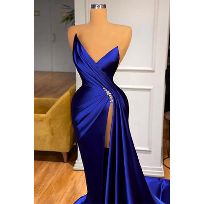 Sexy V-neck Pleats High Split Long Formal Dress Prom Gown