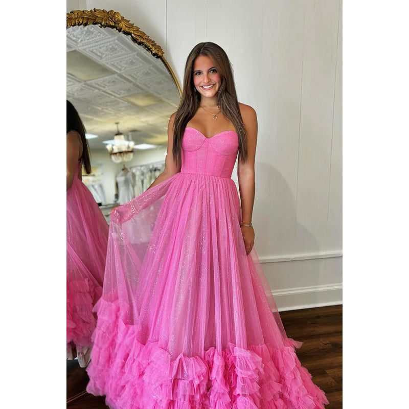 Elegant & Luxurious A-Line Ruffles V-neck Sleeveless Tulle Party Prom Dress