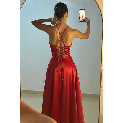 Simple & Casual A-Line Spaghetti Criss-Cross Straps Side Slit Holiday Party Prom Dress