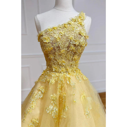 Unique One Shoulder 3d Appliques Yellow Prom Dress