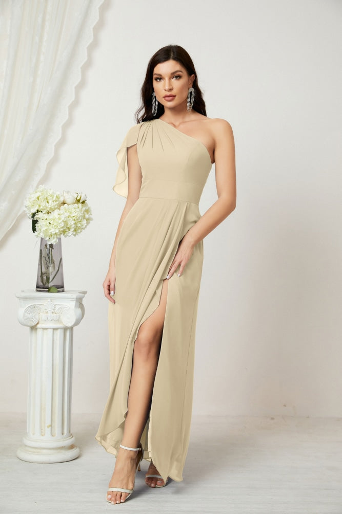 Numbersea Chiffon Ruffled One Shoulder Long Bridesmaid Dresses A-line Formal Evening Gown Side Split 2809-numbersea