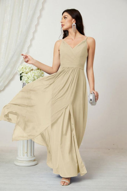 Numbersea Chiffon V-Neck Bridesmaid Dress Spaghetti Strap Long Formal Party Prom Gowns with Slit 28010-numbersea