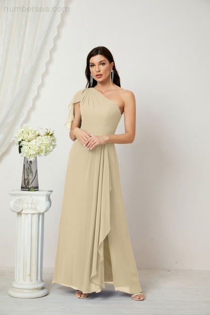 Numbersea Chiffon Ruffled One Shoulder Long Bridesmaid Dresses A-line Formal Evening Gown Side Split 2809-numbersea