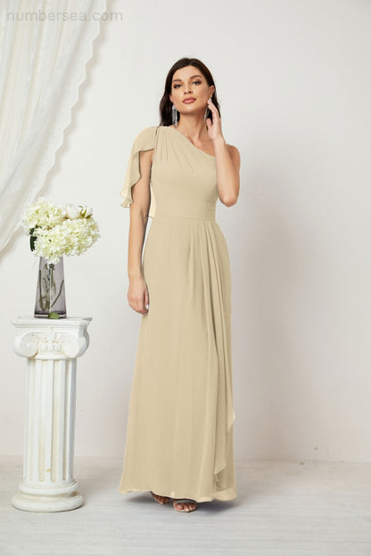 Numbersea Chiffon Ruffled One Shoulder Long Bridesmaid Dresses A-line Formal Evening Gown Side Split 2809-numbersea